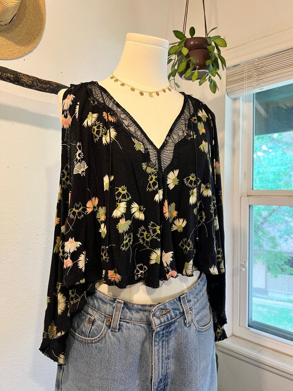 Free People Sleeveless Black Floral Print Tassel Oversized Tank Top Size XS